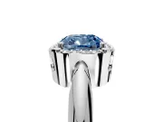 Halo Engagement Ring Setting for Fancy Blue Cushion Cut Center with Tapered Plain Band and Prong Head in Platinum