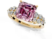 Cluster Engagement Ring Setting for Fancy Pink Asscher Cut Center with 2-Row Shoulder Clusters and Prong Head in Yellow Gold
