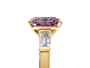 3 Stone Engagement Ring Setting for Fancy Pink Emerald Cut Center with Channel Baguette Accents and Prong Head in Yellow Gold