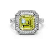 Halo Engagement Ring Setting for Fancy Yellow Asscher Cut Center with Milgrain Pave Band and Bezel Head in Sterling Silver