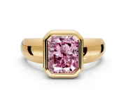 Solitaire Engagement Ring Setting for Fancy Pink Radiant Cut Center with Wide Band and Bezel Head in Yellow Gold