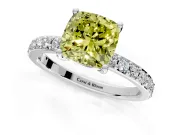 Solitaire Engagement Ring Setting for Fancy Yellow Cushion Cut Center with Round Cut Pave Band and Prong Head in White Gold