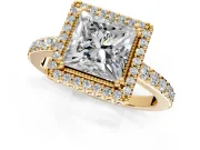 Halo Engagement Ring Setting for Princess Cut Center with Inner Milgrain Border and Prong Head in Yellow Gold