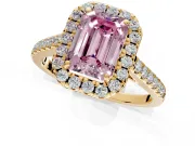 Halo Engagement Ring Setting for Fancy Pink Emerald Cut Center with Narrowing Pave Band and Prong Head in Yellow Gold