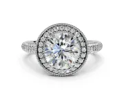 Milgrain Halo Engagement Ring Setting for Round Cut Center with Three-Sided Pave Band and Prong Head in Sterling Silver