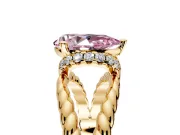 Halo Engagement Ring Setting for Fancy Pink Pear-Shaped Center with Rope Twist Split Shank and Prong Head in Yellow Gold