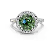 Halo Engagement Ring Setting for Fancy Green Round Cut Center with Raised Halo, Pave Band and Prong Head in Platinum