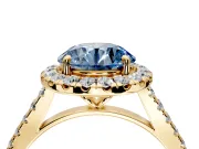 Halo Engagement Ring Setting for Fancy Blue Round Cut Center with Narrowing Pave Band and Prong Head in Yellow Gold