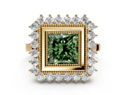 Halo Engagement Ring Setting for Fancy Green Princess Cut Center with Milgrain Bezel Rim, Plain Band and Prong Head in Yellow Gold