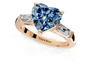 3 Stone Engagement Ring Setting for Fancy Blue Heart-Shaped Center with Tapered Baguettes, Plain Band and Prong Head in Rose Gold