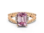 Halo Engagement Ring Setting for Fancy Pink Emerald Cut Center with Rope Twist Split Shank and Prong Head in Rose Gold