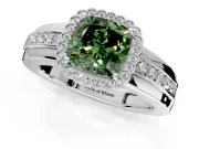 Halo Engagement Ring Setting for Fancy Green Cushion Cut Center with Wide Band, Inlaid Accent Row and Prong Head in Sterling Silver