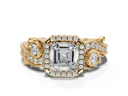 Milgrain Halo Engagement Ring Setting for Asscher Cut Center with Shoulder Bezels and Prong Head in Yellow Gold