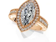 Milgrain Halo Engagement Ring Setting for Marquise Center with Pave Band and Prong Head in Rose Gold