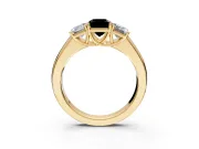 3 Stone Engagement Ring Setting for Fancy Black Emerald Cut Center with Raised Basket Heads and Prong Head in Yellow Gold