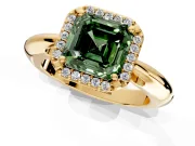 Halo Engagement Ring Setting for Fancy Green Asscher Cut Center with Tapered Plain Band and Prong Head in Yellow Gold