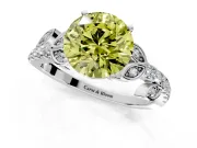 Leaf Motif Engagement Ring Setting for Fancy Yellow Round Cut Center with Pave Band and Prong Head in Platinum