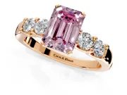 5 Stone Engagement Ring Setting for Fancy Pink Emerald Cut Center with Plain Band and Prong Head in Rose Gold