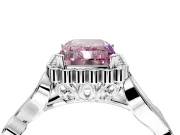 Halo Engagement Ring Setting for Fancy Pink Radiant Cut Center with Leaf Motif Split Shank and Prong Head in Platinum