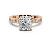 Solitaire Engagement Ring Setting for Radiant Cut Center with Milgrain-Edged Pave Band and Prong Head in Rose Gold