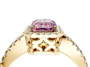 Accent Halo Engagement Ring Setting for Fancy Pink Radiant Cut Center with Full-Length Pave Band and Prong Head in Yellow Gold