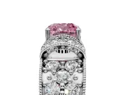 Pave Engagement Ring Setting for Fancy Pink Cushion Cut Center with Curved Accent Rows, Openwork and Prong Head in Platinum
