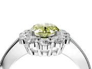 Halo Engagement Ring Setting for Fancy Yellow Oval Center with Milgrain Channel Band and Prong Head in Platinum
