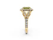 Double Halo Engagement Ring Setting for Fancy Yellow Emerald Cut Center with Narrow Pave Split Shank and Prong Head in Yellow Gold
