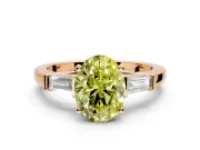3 Stone Engagement Ring Setting for Fancy Yellow Oval Center with Channel Baguette Accents and Prong Head in Rose Gold