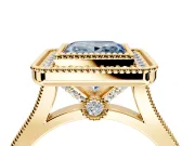 Halo Engagement Ring Setting for Fancy Blue Princess Cut Center with Milgrain Frame, Pave Band and Prong Head in Yellow Gold
