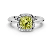 Halo Engagement Ring Setting for Fancy Yellow Cushion Cut Center with Tapered Plain Band and Prong Head in Sterling Silver