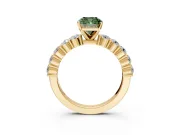 Shared-Prong Engagement Ring Setting for Fancy Green Cushion Cut Center with Graduated Accents and Prong Head in Yellow Gold