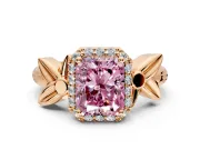Halo Engagement Ring Setting for Fancy Pink Radiant Cut Center with Floral Band and Prong Head in Rose Gold