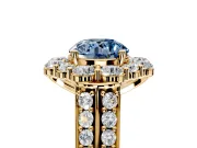 Large Accent Halo Engagement Ring Setting for Fancy Blue Round Cut Center with Pave Split Shank and Prong Head in Yellow Gold