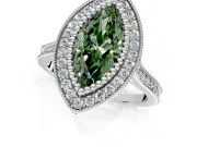 Halo Engagement Ring Setting for Fancy Green Marquise Center with Milgrain Frame, Pave Band and Prong Head in White Gold