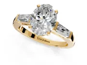 3 Stone Engagement Ring Setting for Oval Center with Tapered Baguettes, Plain Band and Prong Head in Yellow Gold