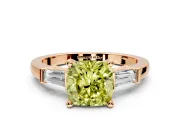 3 Stone Engagement Ring Setting for Fancy Yellow Cushion Cut Center with Channel Baguette Accents and Prong Head in Rose Gold
