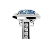 Halo Engagement Ring Setting for Fancy Blue Radiant Cut Center with Outer Bezel Rim, Pave Band and Prong Head in White Gold