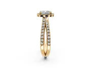 Halo Engagement Ring Setting for Cushion Cut Center with Double Pave Split Shank and Prong Head in Yellow Gold