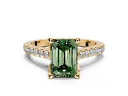 Solitaire Engagement Ring Setting for Fancy Green Emerald Cut Center with Widening Pave Band and Claw Prong Head in Yellow Gold