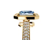 Milgrain Halo Engagement Ring Setting for Fancy Blue Asscher Cut Center with Three-Sided Pave Band and Prong Head in Yellow Gold