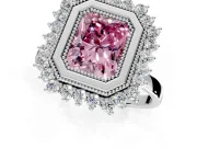 Halo Engagement Ring Setting for Fancy Pink Radiant Cut Center with Milgrain Bezel Rim, Plain Band and Prong Head in Platinum