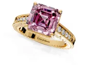Engraved Engagement Ring Setting for Fancy Pink Asscher Cut Center with Milgrain Pave Band and Prong Head in Yellow Gold