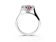 Single Halo Engagement Ring Setting for Fancy Pink Round Cut Center with Corner Claws, Plain Band and Prong Head in White Gold