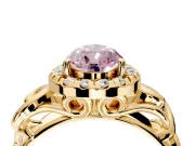 Halo Engagement Ring Setting for Fancy Pink Pear-Shaped Center with Open Scroll Shoulders and Prong Head in Yellow Gold