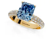Solitaire Engagement Ring Setting for Fancy Blue Radiant Cut Center with Domed Multi-Row Pave Band and Prong Head in Yellow Gold