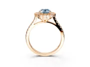 Milgrain Floral Halo Engagement Ring Setting for Fancy Blue Oval Center with Pave Band and Prong Head in Rose Gold