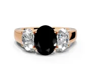 3 Stone Engagement Ring Setting for Fancy Black Oval Center with Raised Basket Heads and Prong Head in Rose Gold