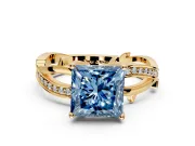 Solitaire Engagement Ring Setting for Fancy Blue Princess Cut Center with Pave and Plain Crossover Band and Prong Head in Yellow Gold