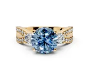 3 Stone Engagement Ring Setting for Fancy Blue Round Cut Center with Pave Twist Band and Prong Head in Yellow Gold